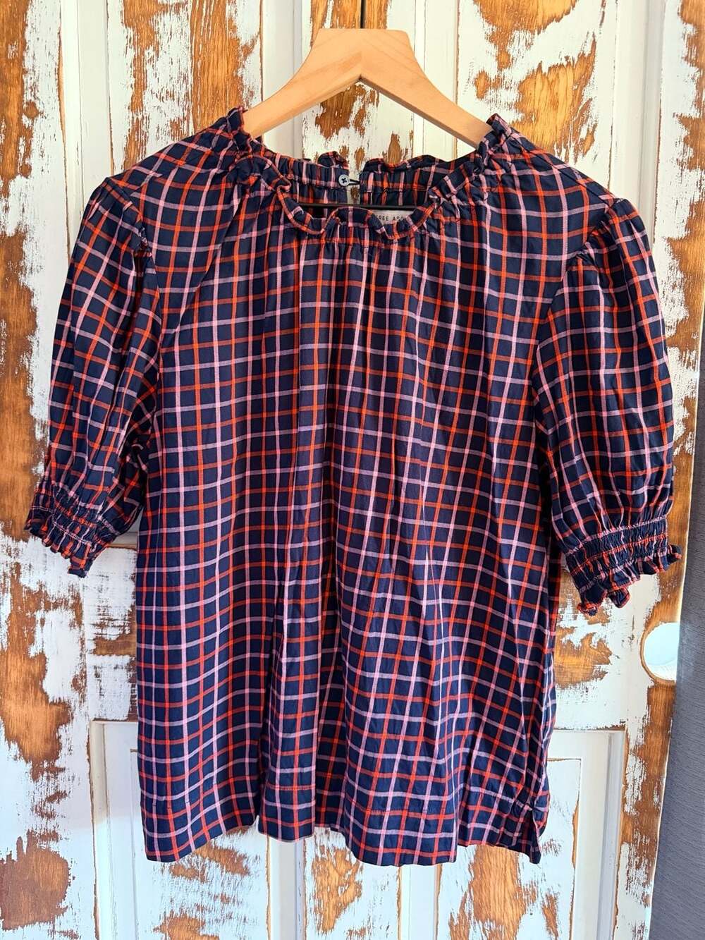 ☀️Ruffle Neck Short Sleeve Blouse Windowpane Plaid Size M Dark Academia Preppy